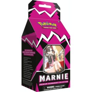 Get Ready to Battle—with Marnie! In the Galar region, every Pokémon fan knows Marnie, the hometown girl from Spikemuth who really wants to win the Champion Cup! Gear up for your next big tournament and expand your options with the Pokémon TCG: Marnie Premium Tournament Collection. This premium collection contains everything you need to protect your cards and keep them organized before any Pokémon TCG tournament, plus all the dice, coins, and extras you need when you’re ready to play. Rev it up and get your Pokémon prepared for that moment they go into battle—Marnie keeps your team looking sharp! The Pokémon TCG: Marnie Premium Tournament Collection includes: 1 full-art foil Supporter card featuring Marnie 3 additional foil Supporter cards featuring Marnie 65 card sleeves featuring Marnie A sturdy deck box featuring Marnie A large metallic coin featuring Marnie 2 coin condition markers 6 tournament-ready damage dice 7 Pokémon TCG booster packs A code card for the Pokémon Trading Card Game Online