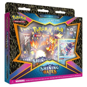 Each Pokémon TCG: Shining Fates Mad Party Pin Collection includes: 1 of 4 foil promo cards: Bunnelby, Dedenne, Galarian Mr. Rime, or Polteageist 1 bright enamel pin matching the star Pokémon 3 Pokémon TCG: Shining Fates booster packs A code card for the Pokémon Trading Card Game Online