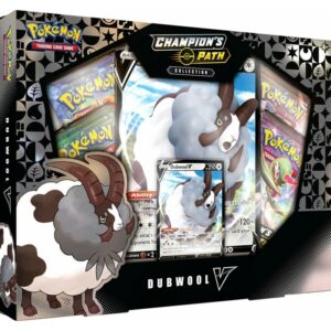 The Pokémon TCG: Champion's Path Collection—Dubwool V includes: 1 foil promo card featuring Dubwool V 1 foil oversize card featuring Dubwool V 4 Pokémon TCG: Champion's Path booster packs A code card for the Pokémon Trading Card Game Online