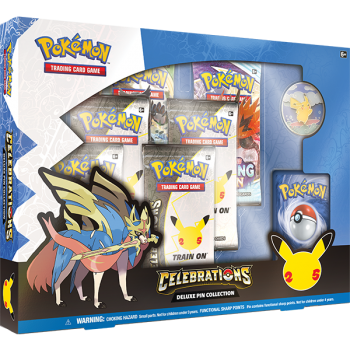 Celebrate Pokémon with the world-famous Pikachu, taking to the waves and the skies on a special pin to commemorate 25 years of good times and great adventures! This well-loved icon of the Pokémon world is part of an amazing collection that includes a special promo card featuring Zacian LV.X, a handful of Pokémon TCG: Celebrations booster packs, and more. Ride the waves and explore the bold blue skies with some of your favourite Pokémon!