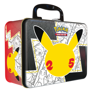 A Treasure Chest Packed with Pokémon! This sturdy metal case contains more than a dozen special Pokémon goodies, many of which can't be found anywhere else! It includes 6 Pokémon TCG: Celebrations booster packs, 2 additional standard Pokémon TCG booster packs, 3 foil promo cards, a Pokémon coin, 4 sticker sheets, a mini portfolio, a notepad, an information sheet and a code card for the Pokémon TCG Online!