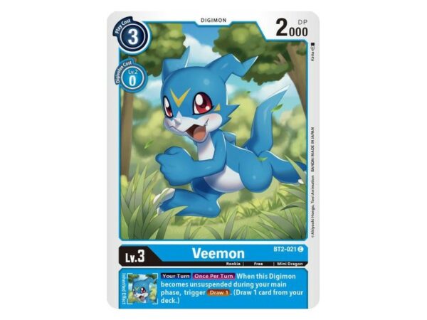 Rarity:Common Number:BT2-021 C Level (Lv.):3 Color:Blue Card Type:Digimon Play Cost:3 Digimon Power (DP):2000 Digivolve 1 Level:2 Digivolve 1 Color:Blue Digivolve 1 Cost:0 Digimon Form:Rookie Digimon Attribute:Free Digimon Type:Mini Dragon Inherited Effect:[Your Turn] [Once Per Turn] When this Digimon becomes unsuspended during your main phase, trigger [Draw 1]. (Draw 1 card from your deck.) Origins:Release Special Booster V.1.5
