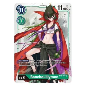Product Description [On Deletion] Return 1 of your opponent's suspended Digimon to the bottom of its owner's deck. Trash all of the digivolution cards of that Digimon. Rarity:Uncommon Number:BT5-055 U Level (Lv.):6 Color:Green Card Type:Digimon Play Cost:11 Digimon Power (DP):11000 Digivolve 1 Level:5 Digivolve 1 Color:Green Digivolve 1 Cost:3 Digimon Form:Mega Digimon Attribute:Data Digimon Type:Fairy/Boss
