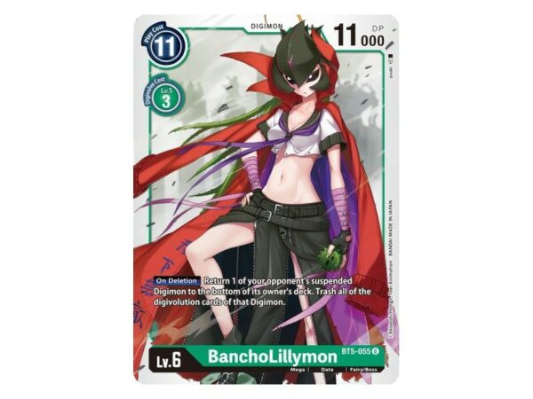 Product Description [On Deletion] Return 1 of your opponent's suspended Digimon to the bottom of its owner's deck. Trash all of the digivolution cards of that Digimon. Rarity:Uncommon Number:BT5-055 U Level (Lv.):6 Color:Green Card Type:Digimon Play Cost:11 Digimon Power (DP):11000 Digivolve 1 Level:5 Digivolve 1 Color:Green Digivolve 1 Cost:3 Digimon Form:Mega Digimon Attribute:Data Digimon Type:Fairy/Boss